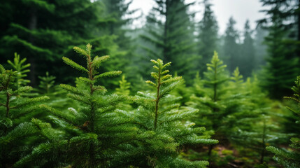 Obraz premium Young Spruce Trees in Foggy Forest Closeup