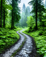 Fototapeta premium Winding path through lush misty forest Green foliage lines the way