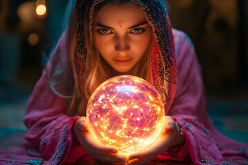 Naklejka premium a woman with a crystal ball gazing intently.