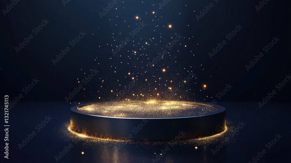 Poster Dark blue background with a circular metallic platform, illuminated with golden sparkles and glowing light.