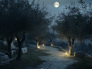 Moonlit garden with olive trees and candlelight creating a serene atmosphere for Holy Thursday reflection
