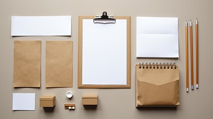 Stationery Ensemble: An overhead view showcases a comprehensive collection of essential stationery items neatly arranged, offering a seamless blend of functionality and aesthetic appeal.