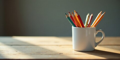 Obraz premium A mug filled with colorful pencils sits on a wooden surface, bathed in sunlight; a simple still life of vibrant hues and natural light