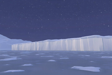 Majestic Antarctic ice wall under a starlit night sky.  A serene, cold landscape perfect for illustrating climate change or winter themes.