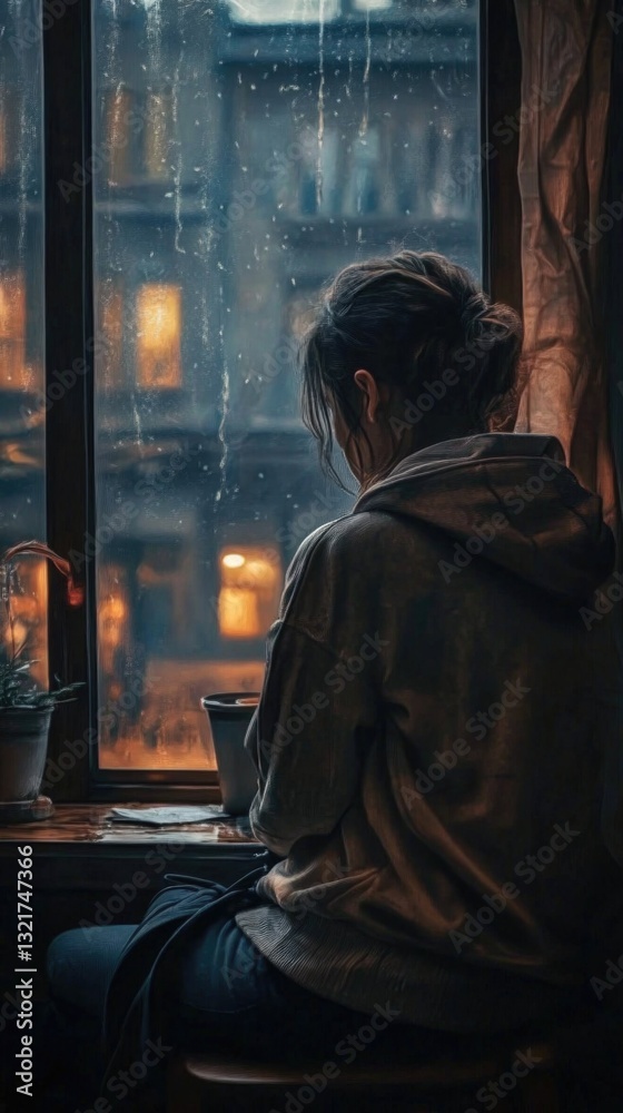Aufkleber a woman sits at a table gazing out the window, contemplative and introspective