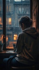 A woman sits at a table gazing out the window, contemplative and introspective