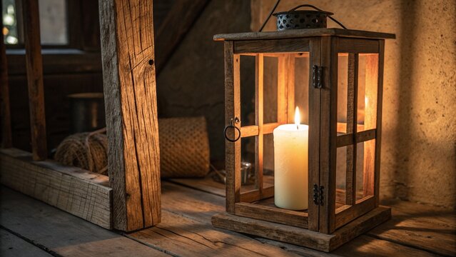 Charming farmhouse style with a decorative wooden lantern and pillar candles on a wooden table, creating a warm and inviting atmosphere - Powered by Adobe