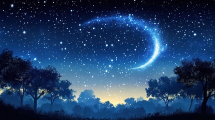 Fototapeta premium A starry crescent moon shines over a silhouetted forest scene