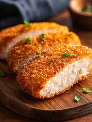 Three pieces of breaded chicken on a wooden cutting board. the chicken is golden brown and appears to be seasoned with herbs and spices.