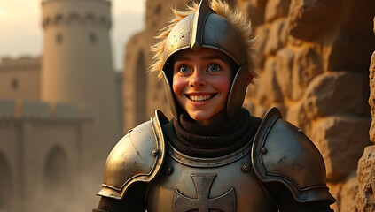 A medieval knight lifting his helmet to reveal a funny face