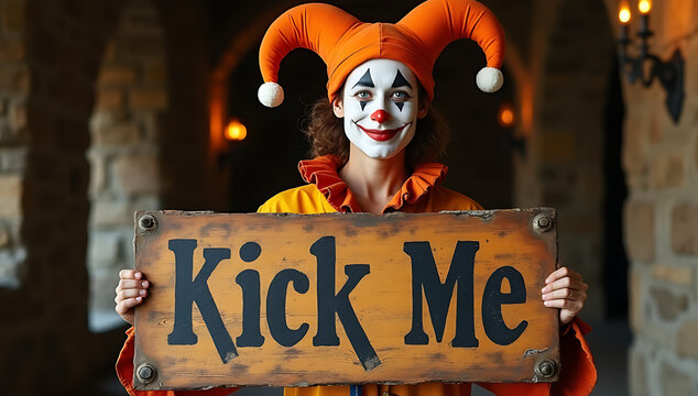 A medieval court jester holding an ancient &lsquo;Kick Me&rsquo; sign