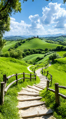 Winding stone path through lush green hills leading to a distant house