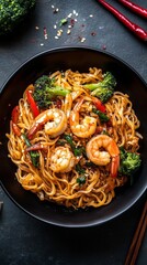 Delight in a colorful dish of stir fry noodles featuring tender shrimp, crisp broccoli, and bright bell peppers, all tossed in savory sauce, perfect for any quick meal
