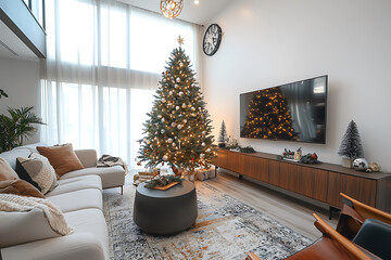 Festive living room featuring a decorated Christmas tree modern furniture and natural light from large windows.