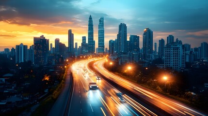 Fototapeta premium Futuristic cityscape illuminated by vibrant blue light trails symbolizing the seamless connectivity and high speed data transfer of 5G technology