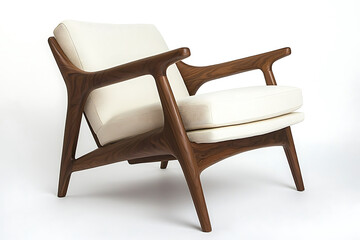 Mid-century modern chair with a dark wood frame and soft light-colored cushions isolated on a white background.