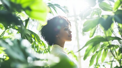 Black woman amidst lush greenery, natural light filtering through leaves, soft blurred background. Harmony between nature and human presence.