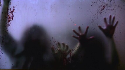 Silhouetted zombies with bloody hands reaching and touching frosted glass, creating nightmarish horror scene in dark, eerie environment with shadowy menacing presence. concept of zombies Apocalypse