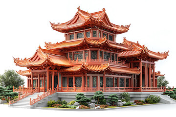Fototapeta premium Ornate multi-tiered traditional Asian-style building with red roofs and detailed woodwork surrounded by manicured gardens against a white background.