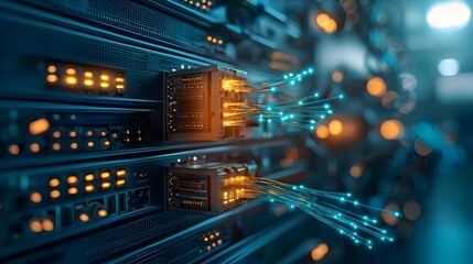 Fototapeta premium Futuristic server room scene featuring glowing fiber optic cables representing ultra fast 5G data transmission The cool blue hue illuminates the cutting edge networking infrastructure