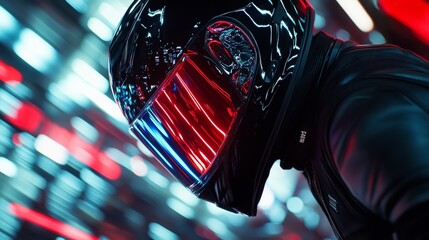 Biker with glossy helmet and red visor in motion blur futuristic background with neon lights and black leather jacket