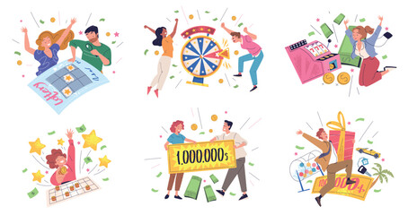 Lottery winners. Happy people draw lucky ticket, raffle win casino prize luck fortune wheel winner with money cheque financial surprise loto million gift classy vector illustration