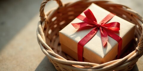 Obraz premium A thoughtfully presented gift, elegantly wrapped in kraft paper and adorned with a vibrant red ribbon, nestled securely within a rustic woven basket, bathed in the warm glow of sunlight.