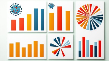 Abstract Data Visualization Charts Orange, Blue, and Red Pixelated Bar and Pie Charts on White Cards
