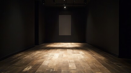 Dark gallery interior with wooden floor, spotlight on empty wall.