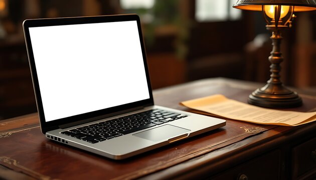 Laptop with Blank Screen on Wooden Desk in Warmly Lit Office
