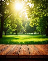 Sunlit Wooden Table with Fresh Green Park View &ndash; Ideal for Product Mockups