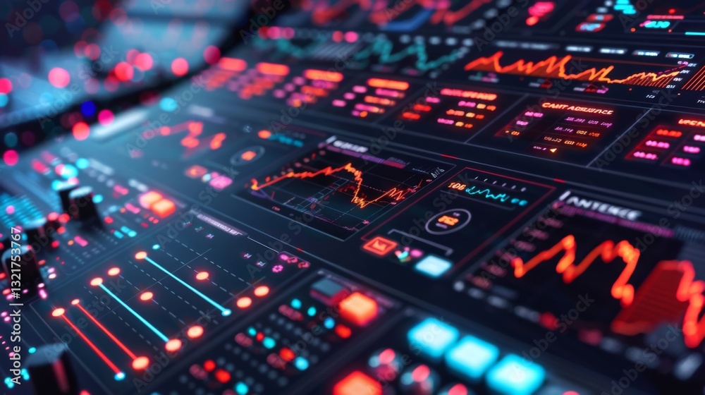 Poster Advanced data analytics is presented through vibrant graphs and metrics on a digital dashboard, illustrating trends and performance with clarity and detail.
