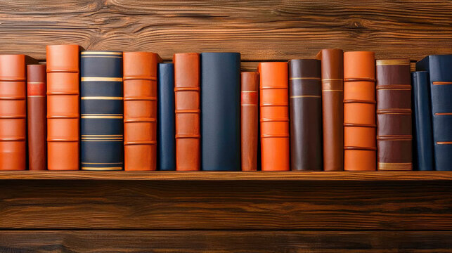 Antique Leather Bound Books on Wooden Shelf