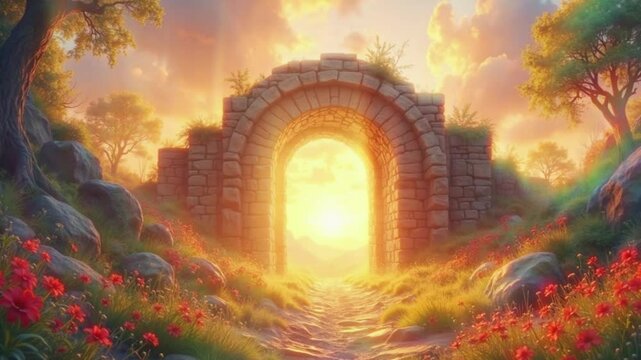  Glowing stone archway in a fantasy landscape at sunset - Powered by Adobe