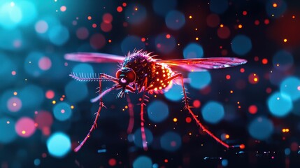Vibrant Close-up of a Mosquito Against a Colorful Blurred Background with Bokeh Effect