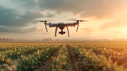 Futuristic drone flying over a vast open smart agricultural field utilizing 5G connectivity for real time monitoring and precision farming techniques