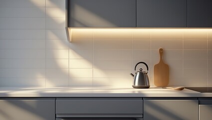 Fototapeta premium Cozy modern kitchen with warm lighting and minimalist design features a kettle and cutting board