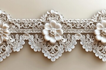 Fototapeta premium Elegant 3D rendered floral lace border design with textured flowers and intricate patterns on a beige background.
