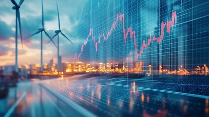 Dynamic stock market data visualization with city skyline and wind turbines in the background, showcasing renewable energy and technology integration