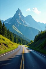 Asphalt ribbon unwinding through a verdant valley, towards majestic, snow-capped peaks under a brilliant, clear sky