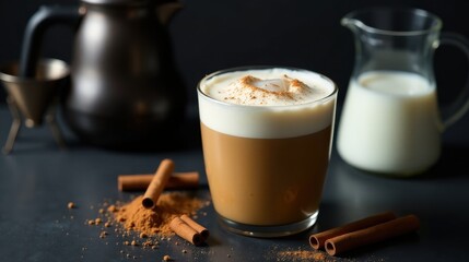 Aromatic Spiced Coffee Drink with Creamy Milk and Cinnamon Sticks