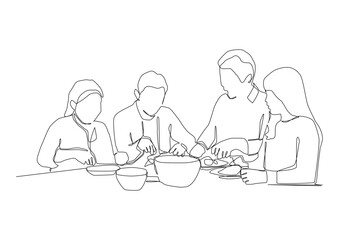 Continuous line art of  men and woman are eating food  at the table, Can be used for animation.
