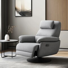 Fototapeta premium Modern Gray Recliner Chair with Round Coffee Table in Stylish Room