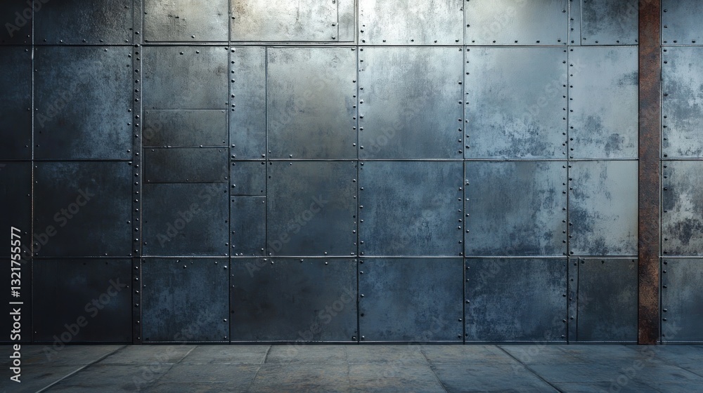 Poster dark grunge metallic wall background texture with rivets and rusty column.