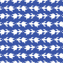 Seamless pattern with white fishes on blue background. Hand-drawn fishes koi. Doodle style.