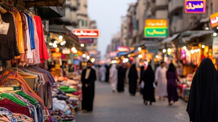 Evening Market Colorful Fabrics and Goods, Warm Lighting, Blurred Background