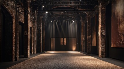 Fototapeta premium Dark, industrial interior space with spotlight beams on textured floor and walls.