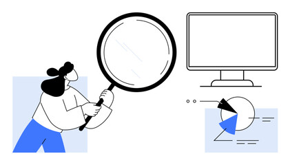 Female character examines charts with a magnifying glass near a computer and pie chart. Ideal for data analysis, research, business strategy, technology, presentation, growth, education. Flat simple