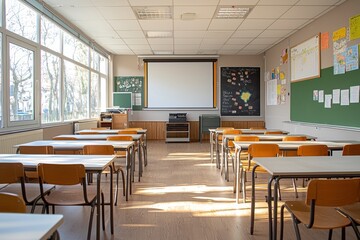 Sunlit classroom interior featuring empty desks and learning environment details