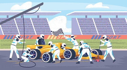 Fototapeta premium Race pit stop. Formula one race team, mechanic crew fast change tire of racer speed car on racing track driver garage f1 sport engineers teamwork service classy vector illustration